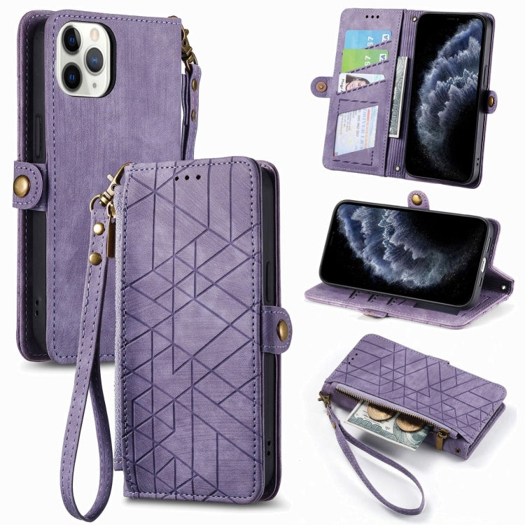 For iPhone 11 Pro Max Geometric Zipper Wallet Side Buckle Leather Phone Case(Purple) - free shipping - PMC TechLife - Order now!