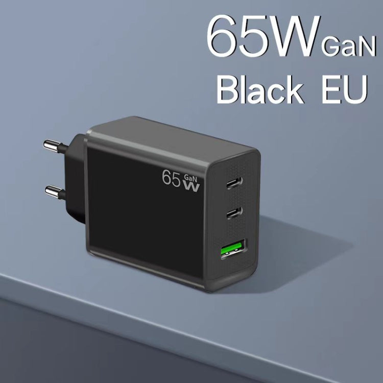 GaN PD65W Type-C x 2 + USB3.0 Charger with Type-C to Type-C Data Cable ,EU Plug(Black) - USB Charger by PMC Jewellery | Online Shopping South Africa | PMC Jewellery | Buy Now Pay Later Mobicred