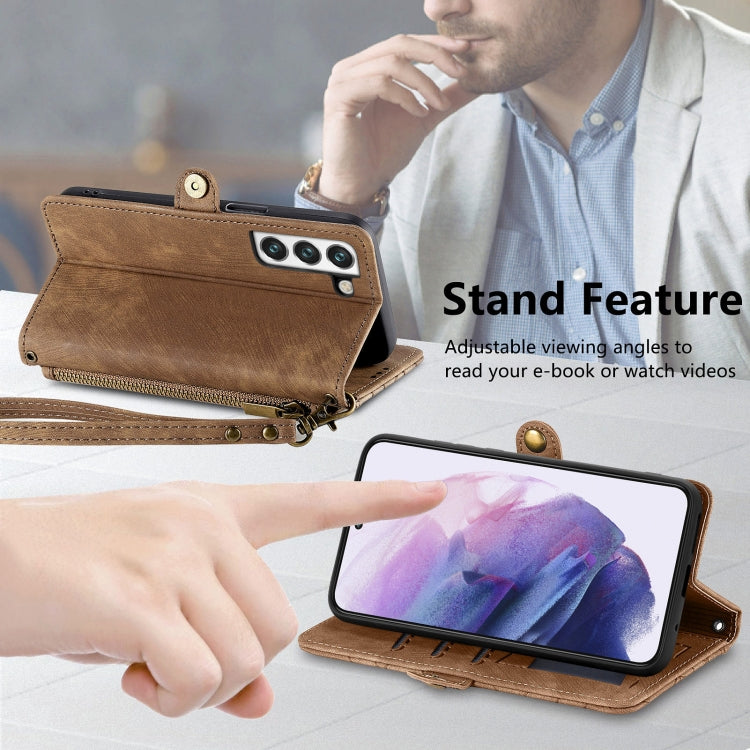 For Samsung Galaxy S20 FE Geometric Zipper Wallet Side Buckle Leather Phone Case(Brown) - free shipping - PMC TechLife - Order now!