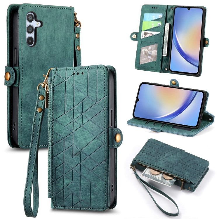 For Samsung Galaxy A30 Geometric Zipper Wallet Side Buckle Leather Phone Case(Green) - free shipping - PMC TechLife - Order now!