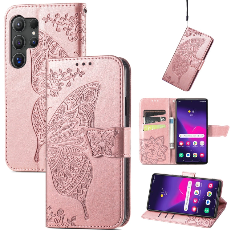 For Samsung Galaxy S25 Ultra 5G Butterfly Love Flower Embossed Leather Phone Case(Rose Gold) - Galaxy S25 Ultra 5G Cases by PMC Jewellery | Online Shopping South Africa | PMC Jewellery | Buy Now Pay Later Mobicred