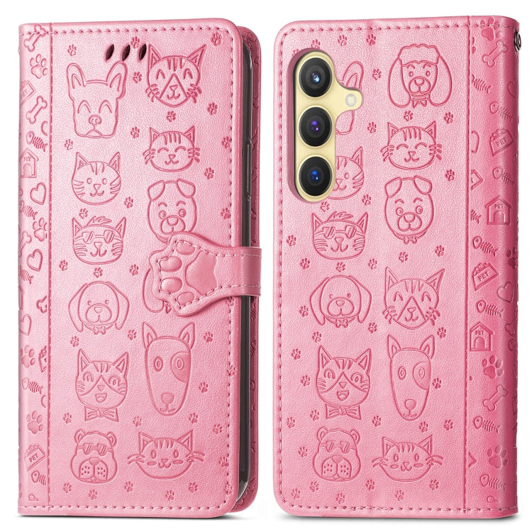 For Samsung Galaxy S25 5G Cat and Dog Embossed Leather Phone Case(Pink) - Galaxy S25 5G Cases by PMC Jewellery | Online Shopping South Africa | PMC Jewellery | Buy Now Pay Later Mobicred