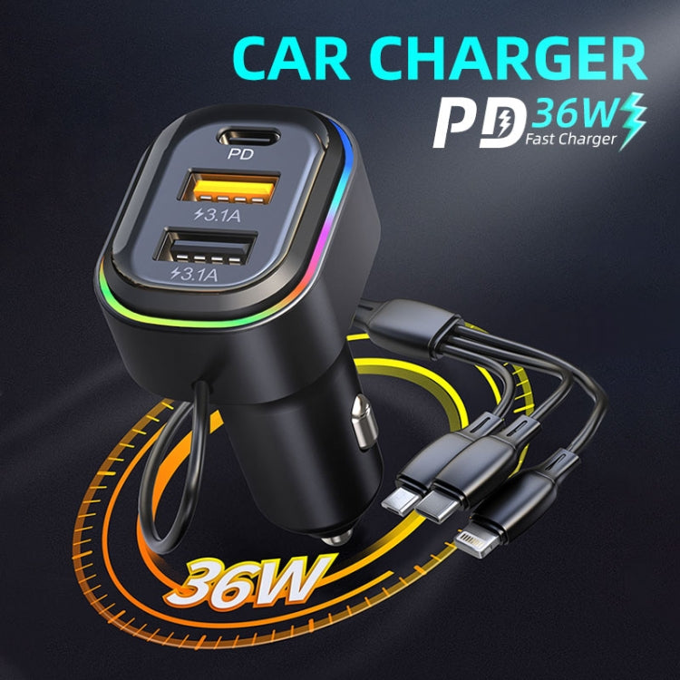 K5 With 3-in-1 Charging Cable Dual USB + 1 Type-C PD Phone Fast Charging Adapter Car Charger - Car Charger by PMC TechLife | Online Shopping South Africa | PMC TechLife | Buy Now Pay Later Mobicred