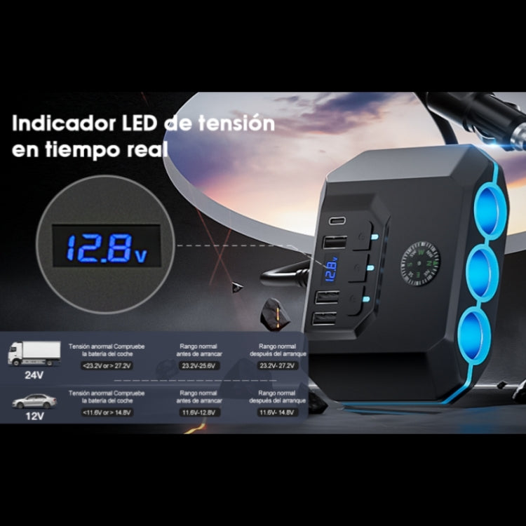 TR-52 With LED Voltage Display QC3.0 Car Fast Charging 3 Socket Adapter - Car Charger by PMC TechLife | Online Shopping South Africa | PMC TechLife | Buy Now Pay Later Mobicred