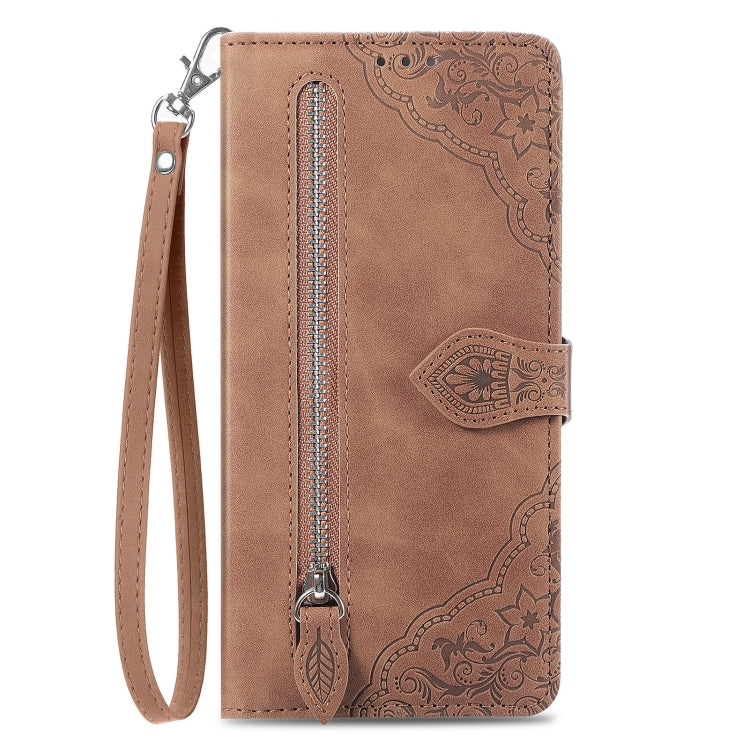 For DOOGEE X98 Pro / X98 Embossed Flower Zipper Leather Phone Case(Brown) - Doogee Cases by PMC TechLife | Online Shopping South Africa | PMC TechLife | Buy Now Pay Later Mobicred