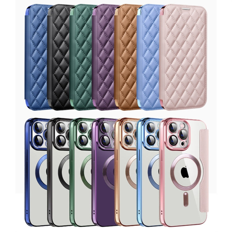 For iPhone 16 Shield Magsafe RFID Anti-theft Rhombus Leather Phone Case(Purple) - iPhone 16 Cases by PMC TechLife | Online Shopping South Africa | PMC TechLife | Buy Now Pay Later Mobicred
