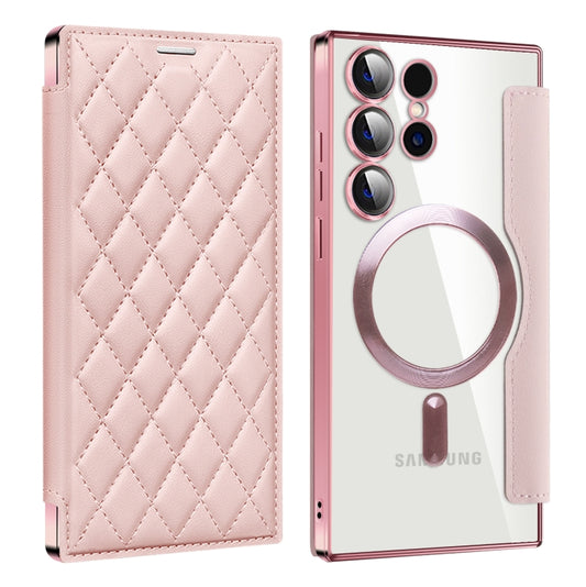 For Samsung Galaxy S25 Ultra 5G Shield MagSafe RFID Anti-theft Rhombus Leather Phone Case(Pink) - Galaxy S25 Ultra 5G Cases by PMC Jewellery | Online Shopping South Africa | PMC Jewellery | Buy Now Pay Later Mobicred