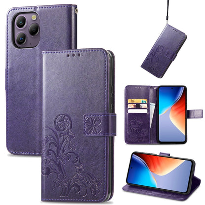 For Blackview A96 Four-leaf Clasp Embossed Buckle Leather Phone Case(Purple) - More Brand by PMC Jewellery | Online Shopping South Africa | PMC Jewellery