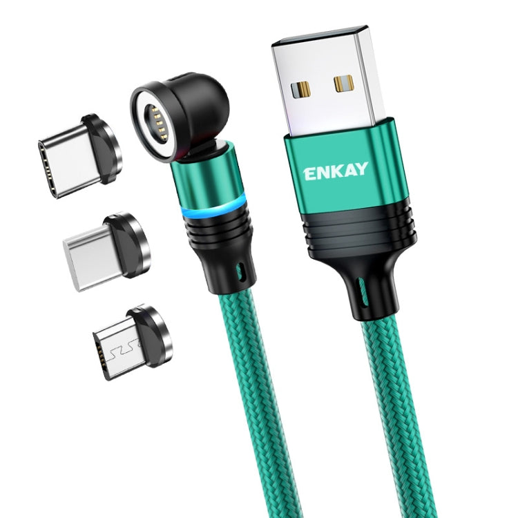 ENKAY 3 in 1 3A USB to Type-C / 8 Pin / Micro USB Magnetic 540 Degrees Rotating Fast Charging Cable, Length:2m(Green) - Charging Cable & Head by ENKAY | Online Shopping South Africa | PMC Jewellery | Buy Now Pay Later Mobicred