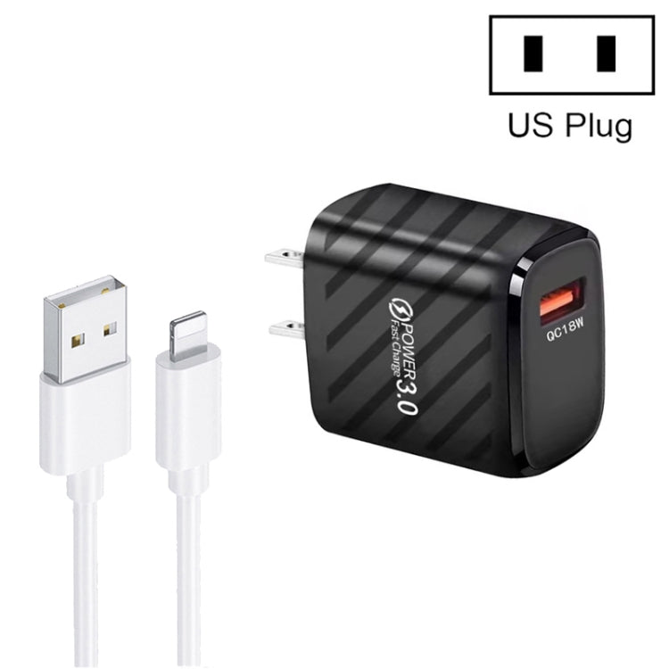 TE-005 QC3.0 18W USB Fast Charger with 1m 3A USB to 8 Pin Cable, US Plug(Black) - free shipping - PMC Jewellery - Order now!