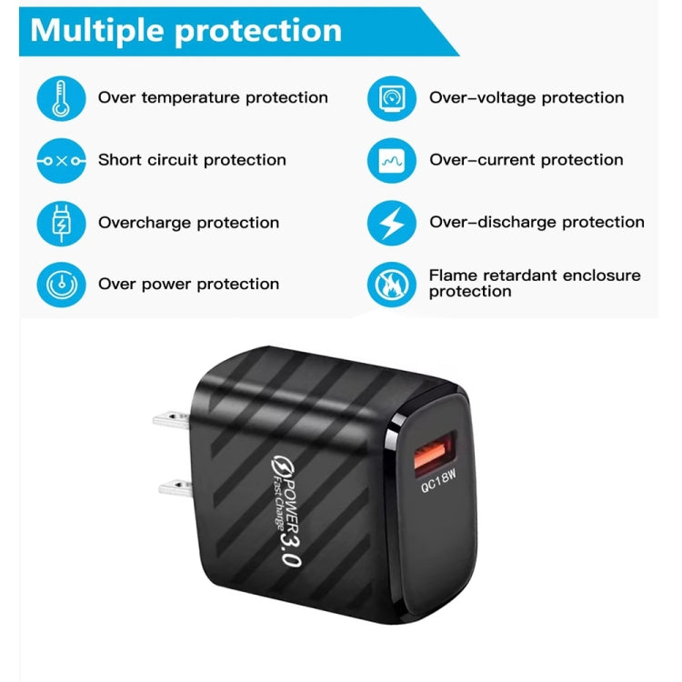 TE-005 QC3.0 18W USB Fast Charger with 1m 3A USB to 8 Pin Cable, US Plug(Black) - free shipping - PMC Jewellery - Order now!