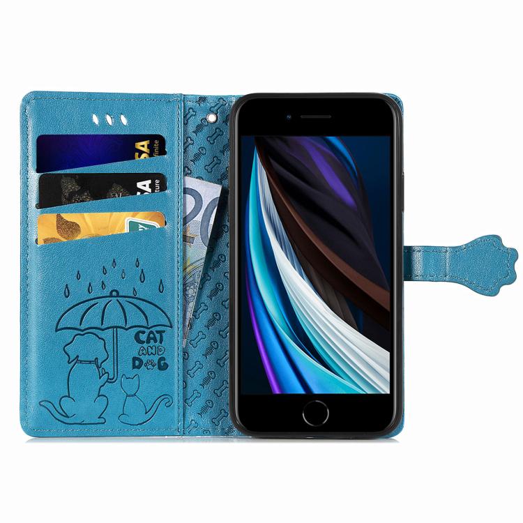 For iPhone 16e Cat and Dog Embossed Leather Phone Case(Blue) - iPhone 16e Cases by PMC TechLife | Online Shopping South Africa | PMC TechLife | Buy Now Pay Later Mobicred