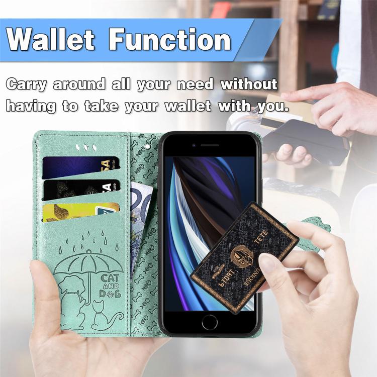 For iPhone 16e Cat and Dog Embossed Leather Phone Case(Green) - iPhone 16e Cases by PMC TechLife | Online Shopping South Africa | PMC TechLife | Buy Now Pay Later Mobicred