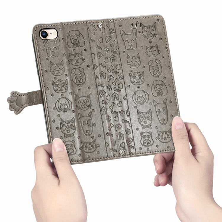 For iPhone 16e Cat and Dog Embossed Leather Phone Case(Gray) - iPhone 16e Cases by PMC TechLife | Online Shopping South Africa | PMC TechLife | Buy Now Pay Later Mobicred