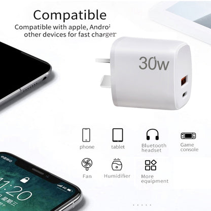 PD30W USB-C / Type-C + QC3.0 USB Charger with 1m USB to 8 Pin Data Cable, AU Plug(White) - USB Charger by PMC Jewellery | Online Shopping South Africa | PMC Jewellery | Buy Now Pay Later Mobicred