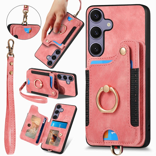 For Samsung Galaxy S25 5G Retro Skin-feel Ring Multi-card Wallet Phone Case(Pink) - Galaxy S25 5G Cases by PMC Jewellery | Online Shopping South Africa | PMC Jewellery | Buy Now Pay Later Mobicred