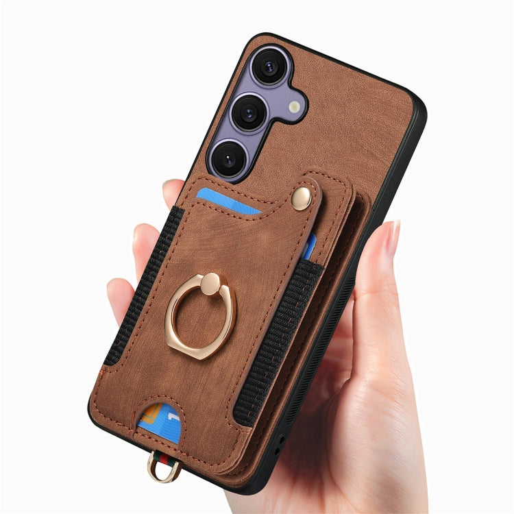 For Samsung Galaxy S25+ 5G Retro Skin-feel Ring Multi-card Wallet Phone Case(Brown) - Galaxy S25+ 5G Cases by PMC Jewellery | Online Shopping South Africa | PMC Jewellery | Buy Now Pay Later Mobicred