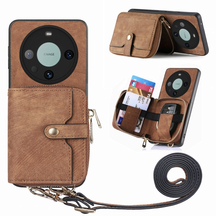 For Huawei Mate 60 Pro Crossbody Multi-function Zipper Wallet Phone Case(Brown) - Huawei Cases by PMC TechLife | Online Shopping South Africa | PMC TechLife | Buy Now Pay Later Mobicred