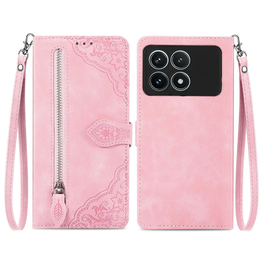 For Xiaomi Redmi K70 Pro Embossed Flower Zipper Leather Phone Case(Pink) - K70 Pro Cases by PMC Jewellery | Online Shopping South Africa | PMC Jewellery | Buy Now Pay Later Mobicred