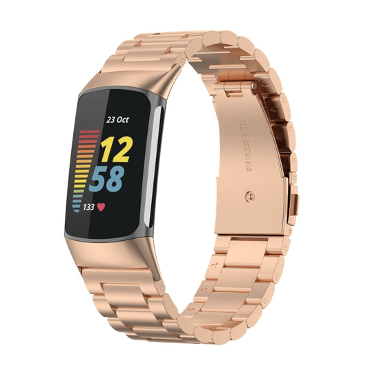 For Fitbit Charge 6 Three Beads Stainless Steel Metal Watch Band(Rose Gold) - Watch Bands by PMC Jewellery | Online Shopping South Africa | PMC Jewellery | Buy Now Pay Later Mobicred