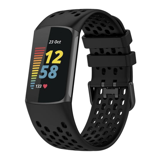 For Fitbit Charge 5 Solid Color Breathable Sports Silicone Watch Band(Black) - Watch Bands by PMC Jewellery | Online Shopping South Africa | PMC Jewellery | Buy Now Pay Later Mobicred