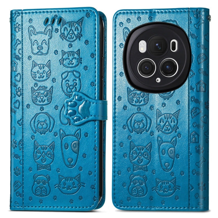 For Honor Magic6 Pro Cat and Dog Embossed Leather Phone Case(Blue) - Honor Cases by PMC Jewellery | Online Shopping South Africa | PMC Jewellery | Buy Now Pay Later Mobicred