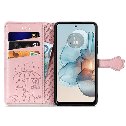 For Motorola MOTO G24 Power Cat and Dog Embossed Leather Phone Case(Rose Gold) - Motorola Cases by PMC Jewellery | Online Shopping South Africa | PMC Jewellery | Buy Now Pay Later Mobicred