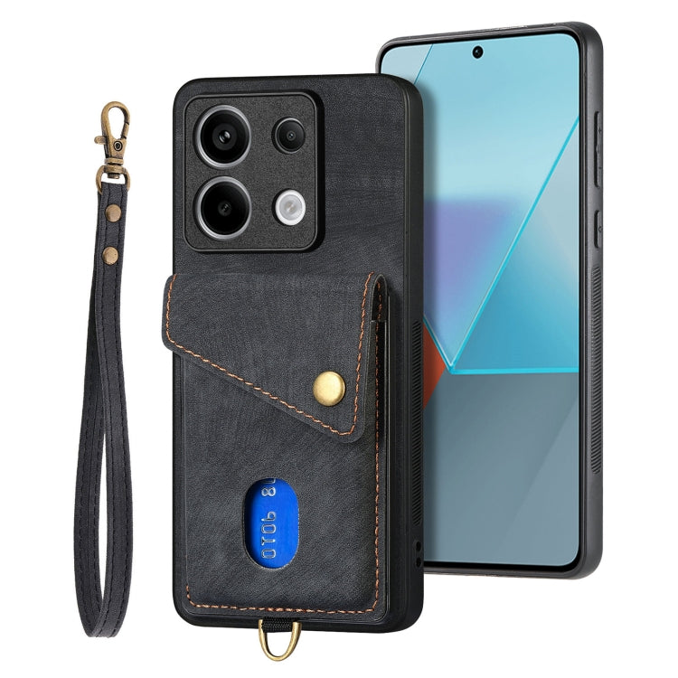 For Xiaomi Redmi Note 13 Pro 5G Retro Card Wallet Fold Leather Phone Case with Strap(Black) - Note 13 Pro Cases by PMC Jewellery | Online Shopping South Africa | PMC Jewellery | Buy Now Pay Later Mobicred