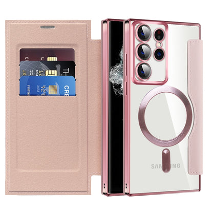 For Samsung Galaxy S22 Ultra 5G MagSafe Magnetic RFID Anti-theft Leather Phone Case(Pink) - Galaxy S22 Ultra 5G Cases by PMC Jewellery | Online Shopping South Africa | PMC Jewellery