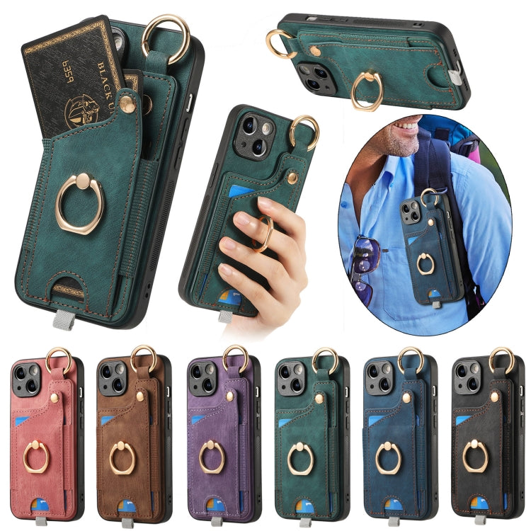 For iPhone 16e Retro Skin-feel Ring Card Bag Phone Case with Hang Loop(Blue) - iPhone 16e Cases by PMC TechLife | Online Shopping South Africa | PMC TechLife | Buy Now Pay Later Mobicred
