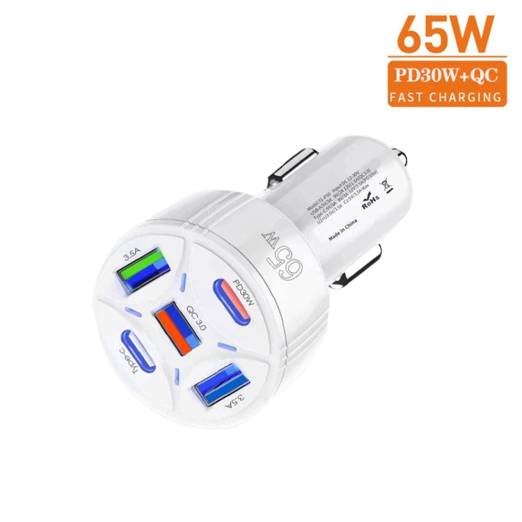 TE-P50 65W PD30W Type-C x 2 + USB x 3 Multi Port Car Charger with 1m Type-C to 8 Pin Data Cable(White) - Car Charger by PMC TechLife | Online Shopping South Africa | PMC TechLife | Buy Now Pay Later Mobicred