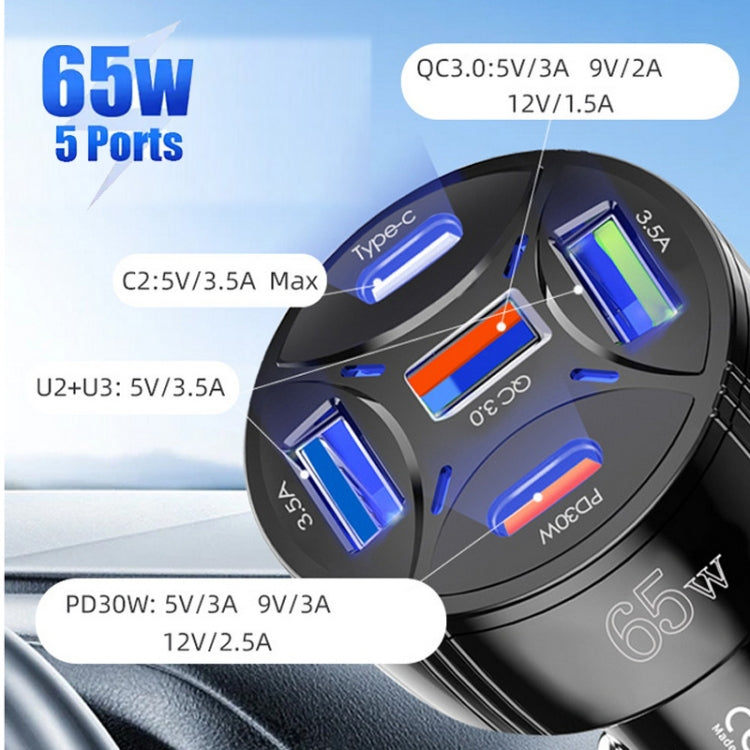TE-P50 65W PD30W Type-C x 2 + USB x 3 Multi Port Car Charger with 1m Type-C to 8 Pin Data Cable(White) - Car Charger by PMC TechLife | Online Shopping South Africa | PMC TechLife | Buy Now Pay Later Mobicred