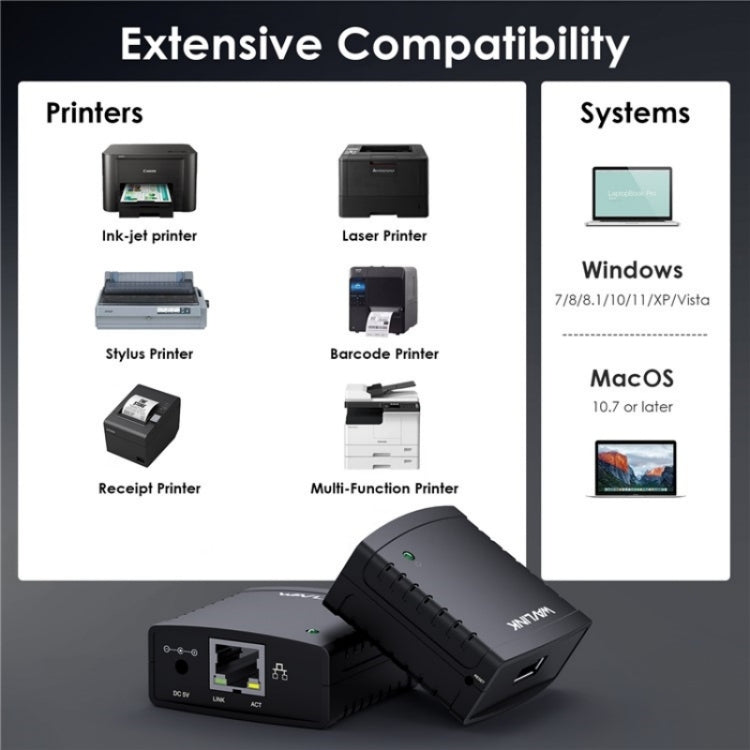 WAVLINK NU72P11 100Mbps Network Print Server USB 2.0 Network Printer Power Adapter(US Plug) - Printer Accessories by WAVLINK | Online Shopping South Africa | PMC TechLife | Buy Now Pay Later Mobicred