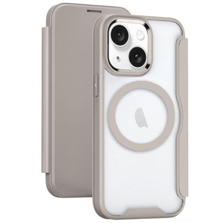 For iPhone 15 Plus MagSafe RFID Blocking Adsorption Flip Leather Phone Case(Khaki) - iPhone 15 Plus Cases by PMC TechLife | Online Shopping South Africa | PMC TechLife