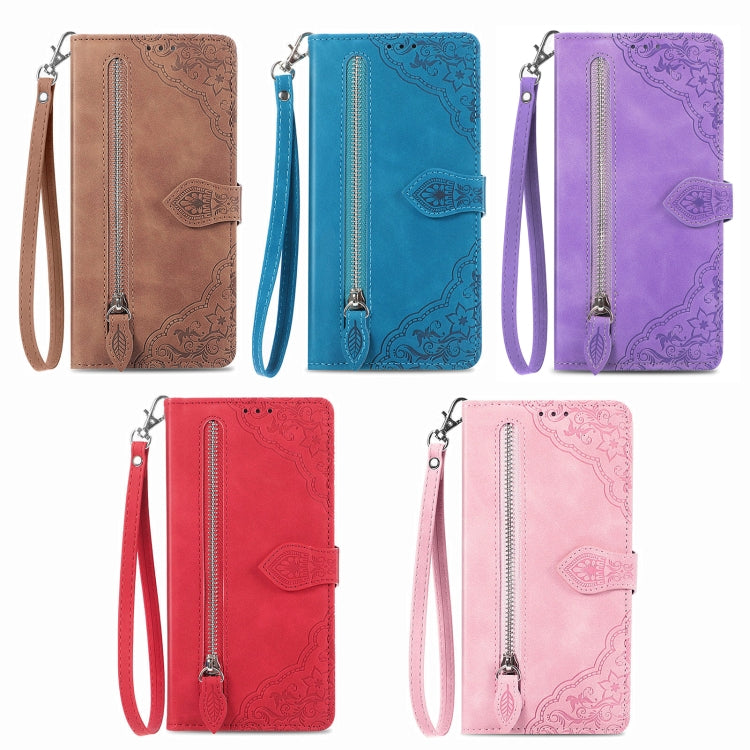 For Xiaomi 14 Embossed Flower Zipper Leather Phone Case(Blue) - 14 Cases by PMC TechLife | Online Shopping South Africa | PMC TechLife | Buy Now Pay Later Mobicred