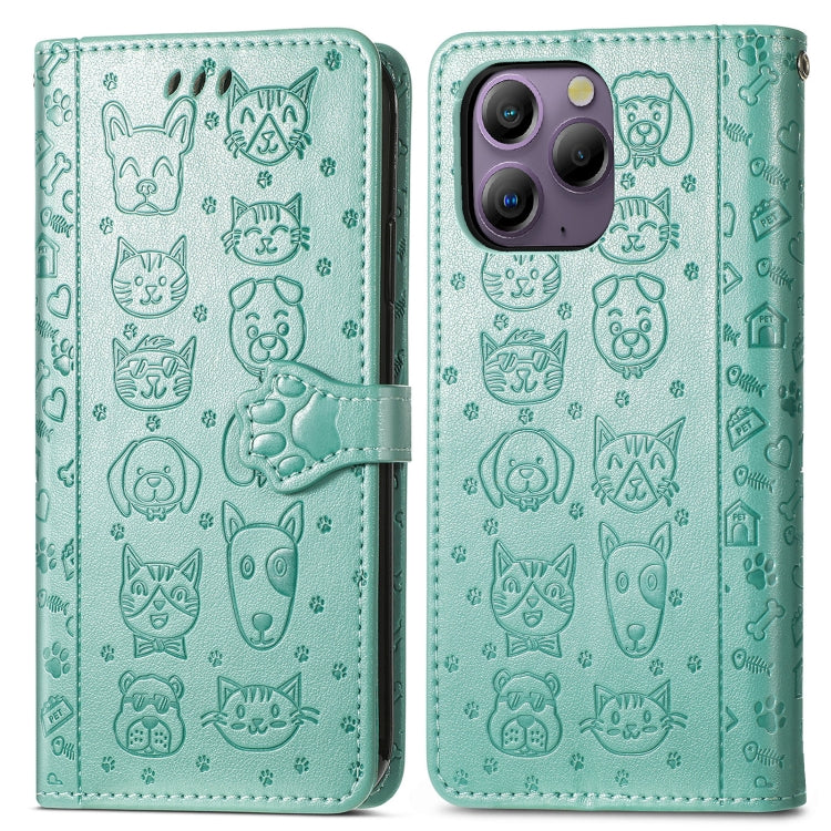 For Blackview A96 Cat and Dog Embossed Leather Phone Case(Green) - More Brand by PMC TechLife | Online Shopping South Africa | PMC TechLife