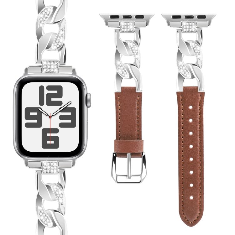 For Apple Watch Series 3 42mm Rhinestone Denim Chain Leather Watch Band(Brown) - Watch Bands by PMC Jewellery | Online Shopping South Africa | PMC Jewellery