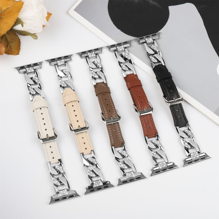 For Apple Watch Series 5 40mm Rhinestone Denim Chain Leather Watch Band(Beige) - Watch Bands by PMC Jewellery | Online Shopping South Africa | PMC Jewellery