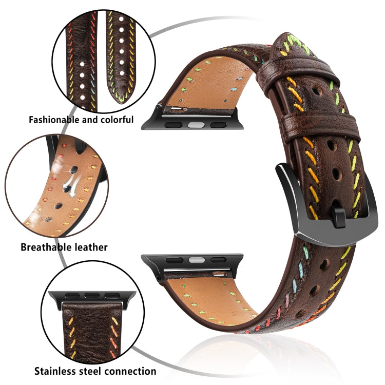 For  Apple Watch SE 2023 44mm Colorful Sewing Thread Leather Watch Band(Dark Brown) - Watch Bands by PMC TechLife | Online Shopping South Africa | PMC TechLife | Buy Now Pay Later Mobicred