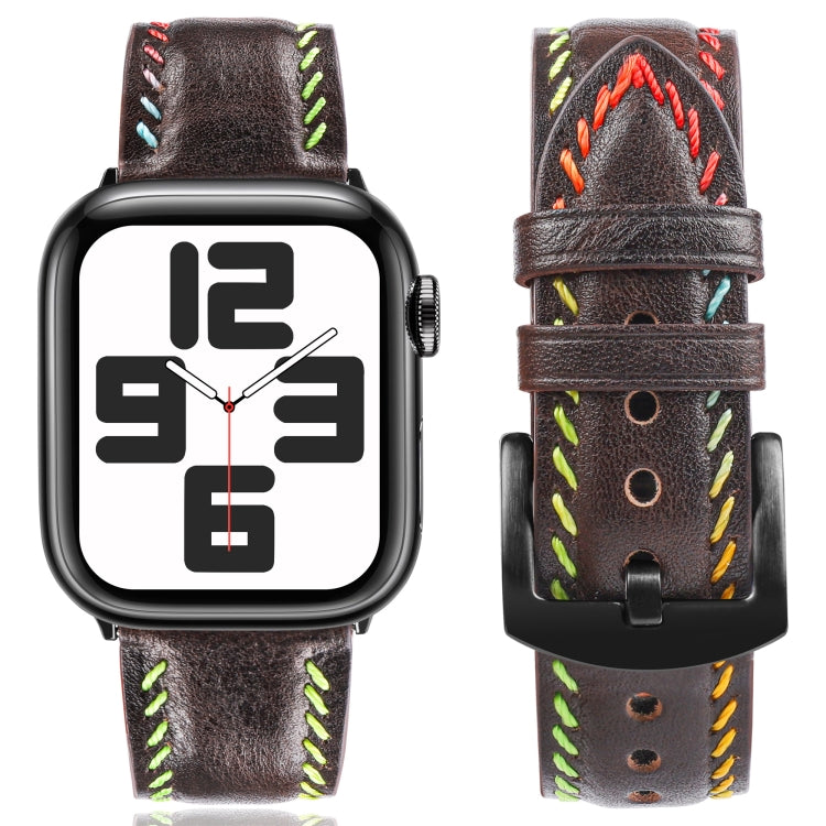 For  Apple Watch SE 2023 44mm Colorful Sewing Thread Leather Watch Band(Dark Brown) - Watch Bands by PMC TechLife | Online Shopping South Africa | PMC TechLife | Buy Now Pay Later Mobicred