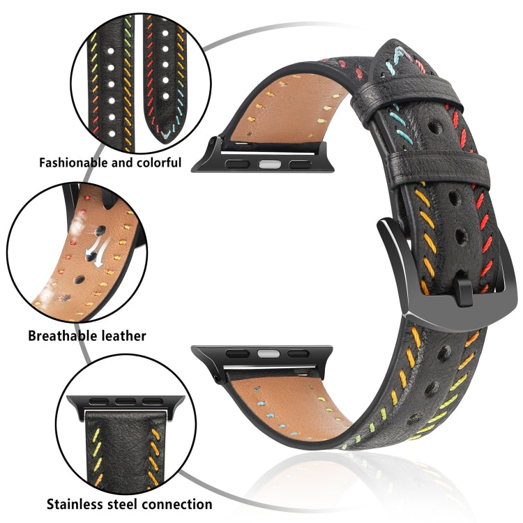 For Apple Watch SE 2023 40mm Colorful Sewing Thread Leather Watch Band(Black) - Watch Bands by PMC TechLife | Online Shopping South Africa | PMC TechLife