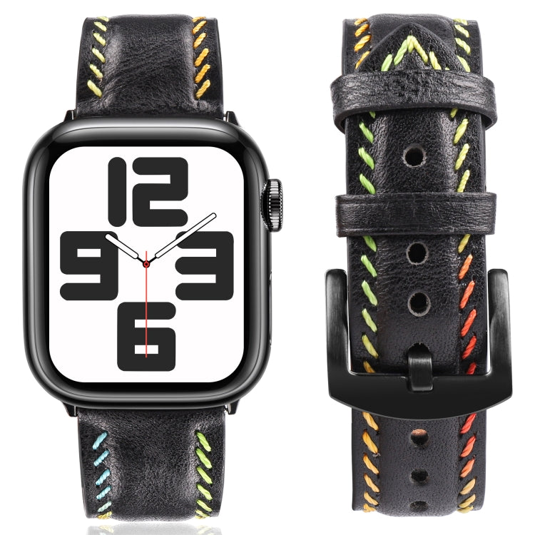 For Apple Watch Ultra 2 49mm Colorful Sewing Thread Leather Watch Band(Black) - Watch Bands by PMC TechLife | Online Shopping South Africa | PMC TechLife | Buy Now Pay Later Mobicred
