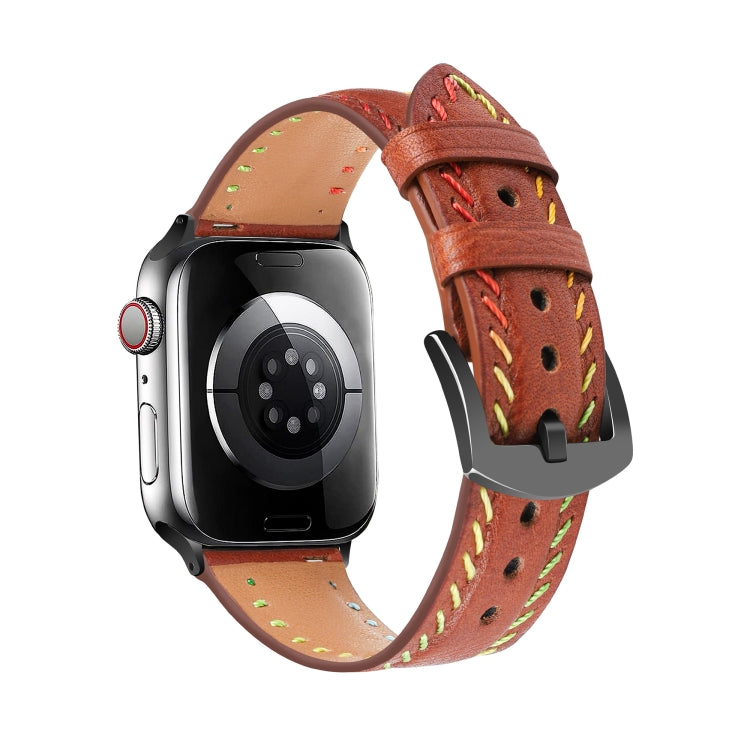 For Apple Watch Ultra 2 49mm Colorful Sewing Thread Leather Watch Band(Brown) - Watch Bands by PMC TechLife | Online Shopping South Africa | PMC TechLife | Buy Now Pay Later Mobicred