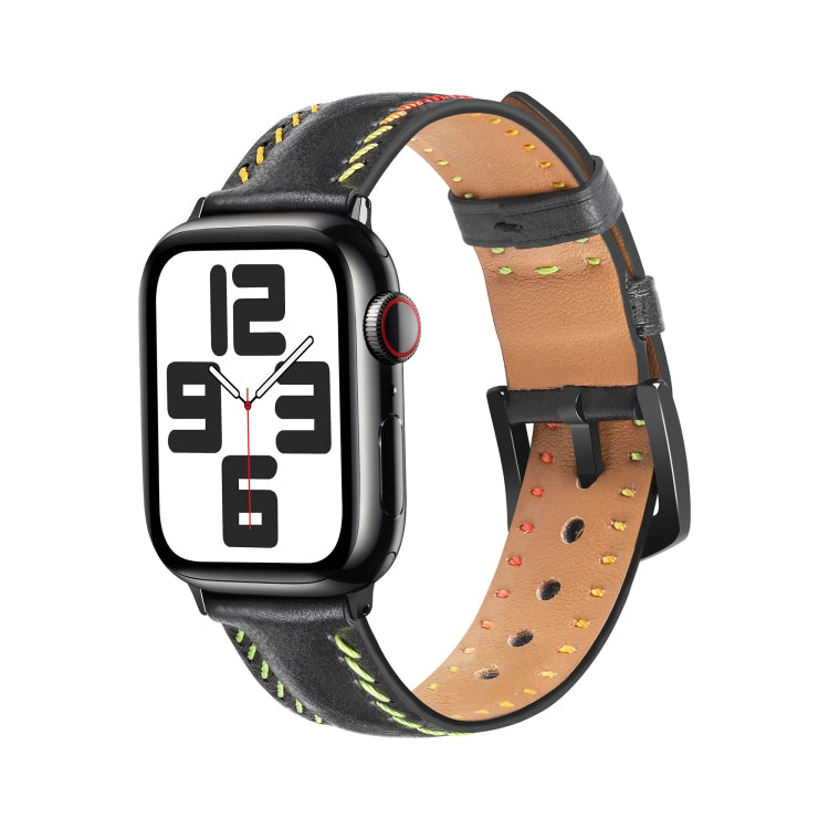 For Apple Watch Series 9 45mm Colorful Sewing Thread Leather Watch Band(Black) - Watch Bands by PMC TechLife | Online Shopping South Africa | PMC TechLife | Buy Now Pay Later Mobicred