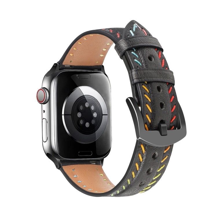 For Apple Watch Series 8 41mm Colorful Sewing Thread Leather Watch Band(Black) - Watch Bands by PMC Jewellery | Online Shopping South Africa | PMC Jewellery