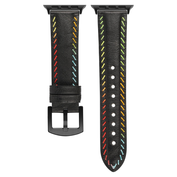 For  Apple Watch Series 5 40mm Colorful Sewing Thread Leather Watch Band(Black) - Watch Bands by PMC TechLife | Online Shopping South Africa | PMC TechLife