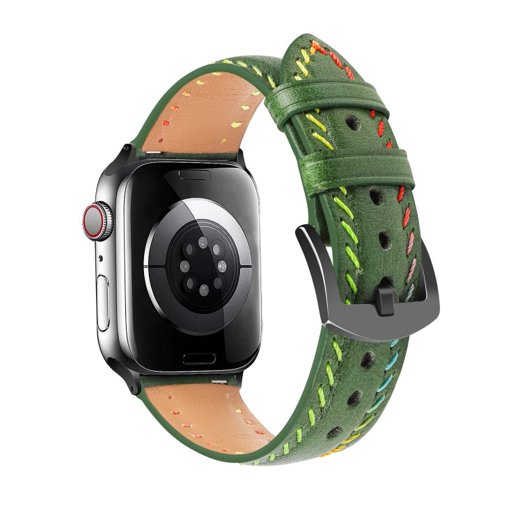 For Apple Watch Series 3 42mm Colorful Sewing Thread Leather Watch Band(Green) - Watch Bands by PMC TechLife | Online Shopping South Africa | PMC TechLife | Buy Now Pay Later Mobicred