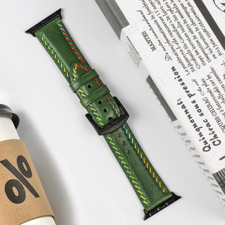 For Apple Watch Series 3 42mm Colorful Sewing Thread Leather Watch Band(Green) - Watch Bands by PMC TechLife | Online Shopping South Africa | PMC TechLife | Buy Now Pay Later Mobicred
