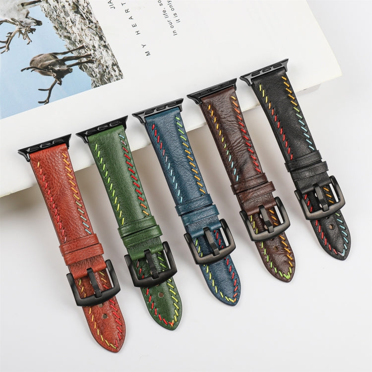 For Apple Watch Series 8 45mm Colorful Sewing Thread Leather Watch Band(Green) - Watch Bands by PMC TechLife | Online Shopping South Africa | PMC TechLife