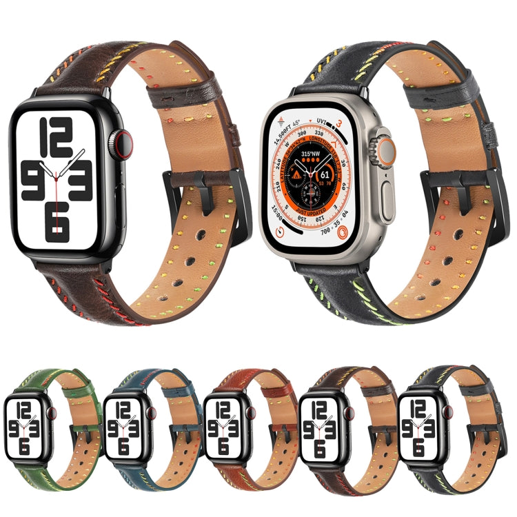 For Apple Watch Series 8 45mm Colorful Sewing Thread Leather Watch Band(Green) - Watch Bands by PMC TechLife | Online Shopping South Africa | PMC TechLife